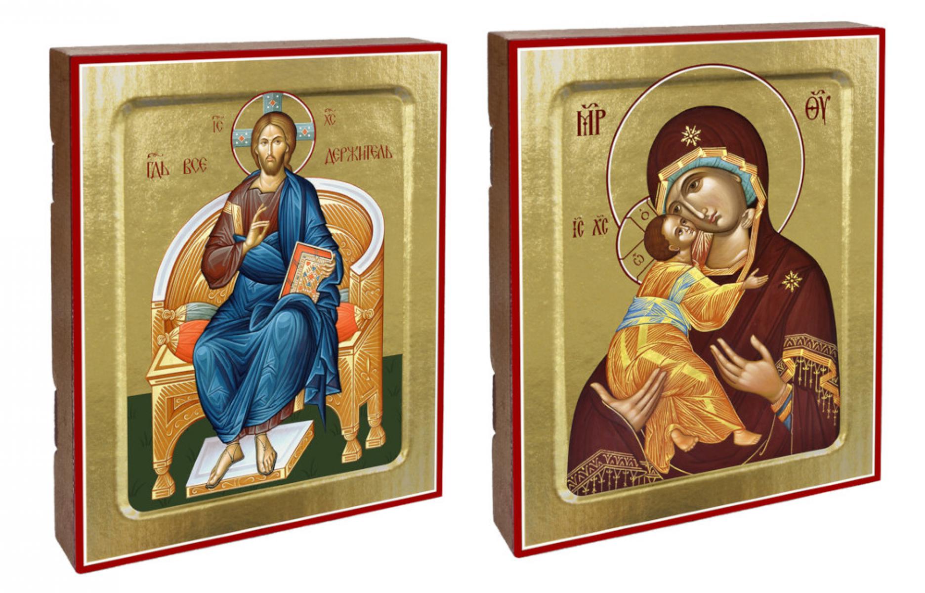 Иконы Венчальная пара (с Владимирской): Икона Пресвятой Богородицы Владимирская; Икона Спаса Вседержителя (комплект из 2-х икон).